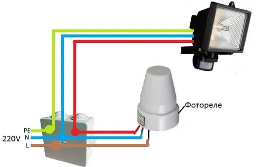 Схема подключения фонаря к фотореле на рисунке