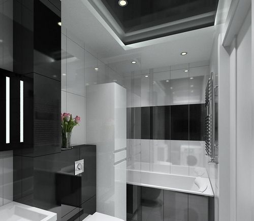 Черно белая ванная комната: плитка и фото кафеля, дизайн ванны в полу