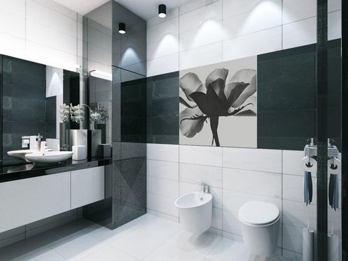 Черно белая ванная комната: плитка и фото кафеля, дизайн ванны в полу
