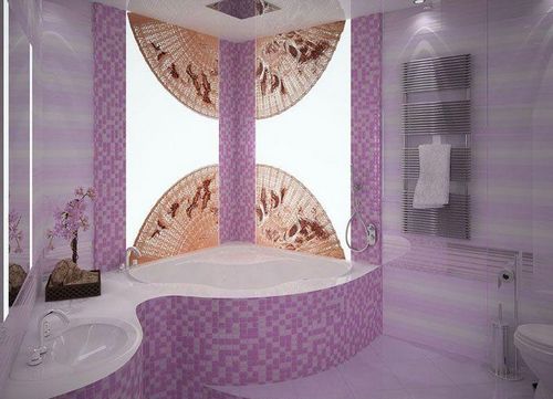 Фиолетовая ванна: комната в сиреневом цвете, фото и дизайн в фиолетовых тонах, мебель с белым и темная плитка