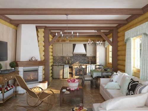 Гостиная в деревянном доме: дизайн интерьера, фото зала из бревна и бруса клееного, бревенчатое обустройство