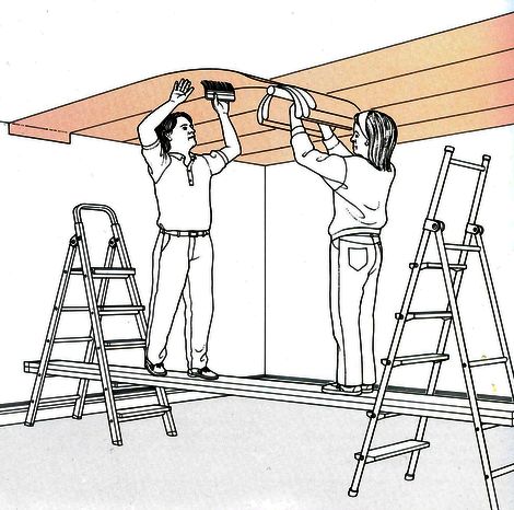 Оклейка потолка обоями: видео-инструкция по монтажу своими руками, как оклеить одному, фото