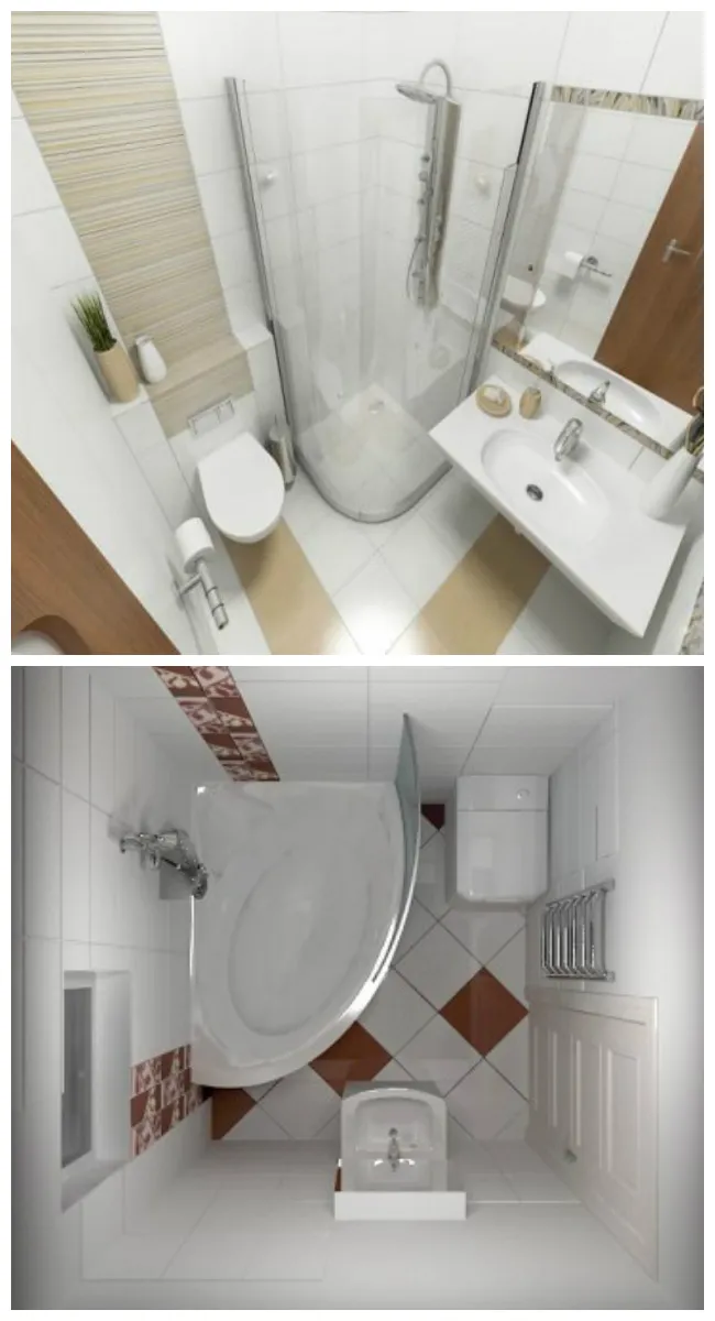 Интерьер маленькой ванной комнаты с туалетом составляет 3 кв.м и 4 кв.м.