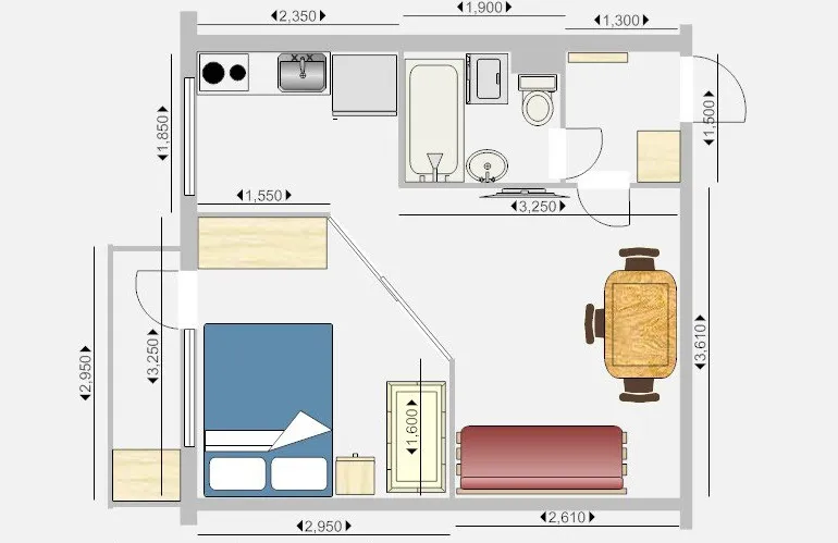 Вариант 1 перепланировки однокомнатной хрущевки: объединение кухни с комнатой и перенос стола в комнату